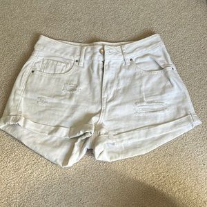mid-rise slightly distressed white jean shorts